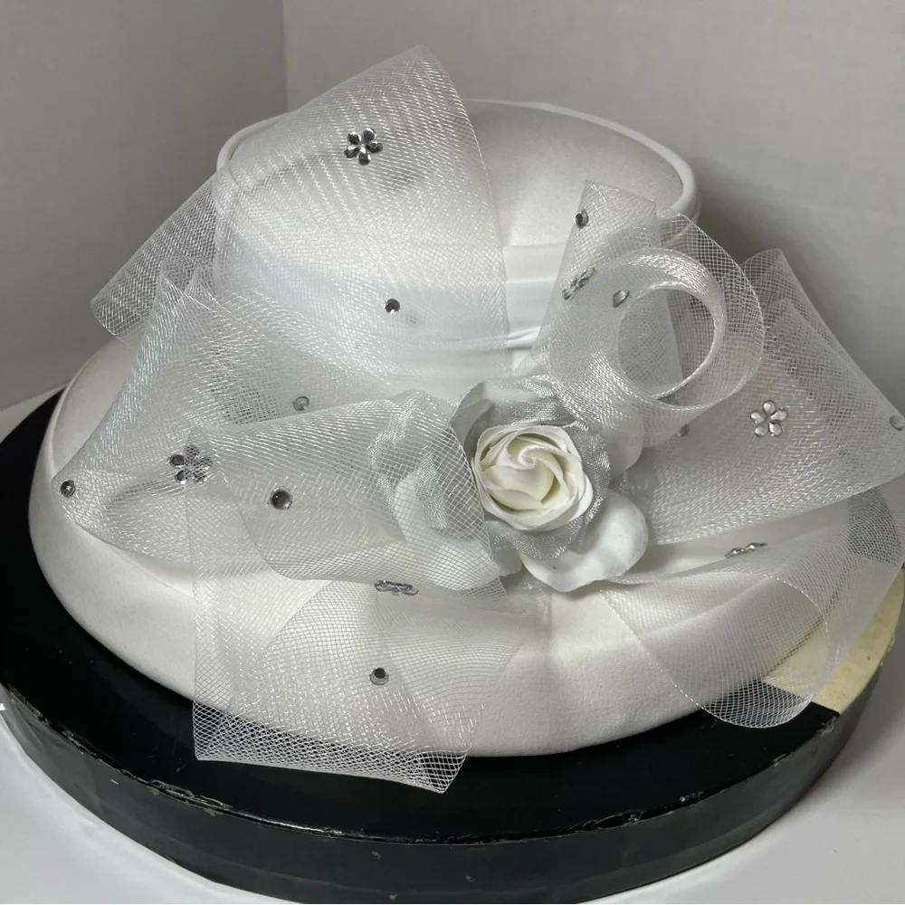 Ivory Women's Hat Rhinstone Pin Ribbon Church Derby Tea Summer Wedding Wide Brim